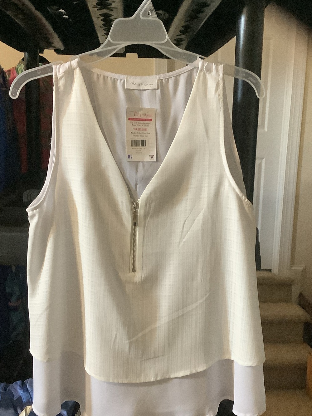 Blues and‎ grays White Layered V-Neck Zip-Front tank